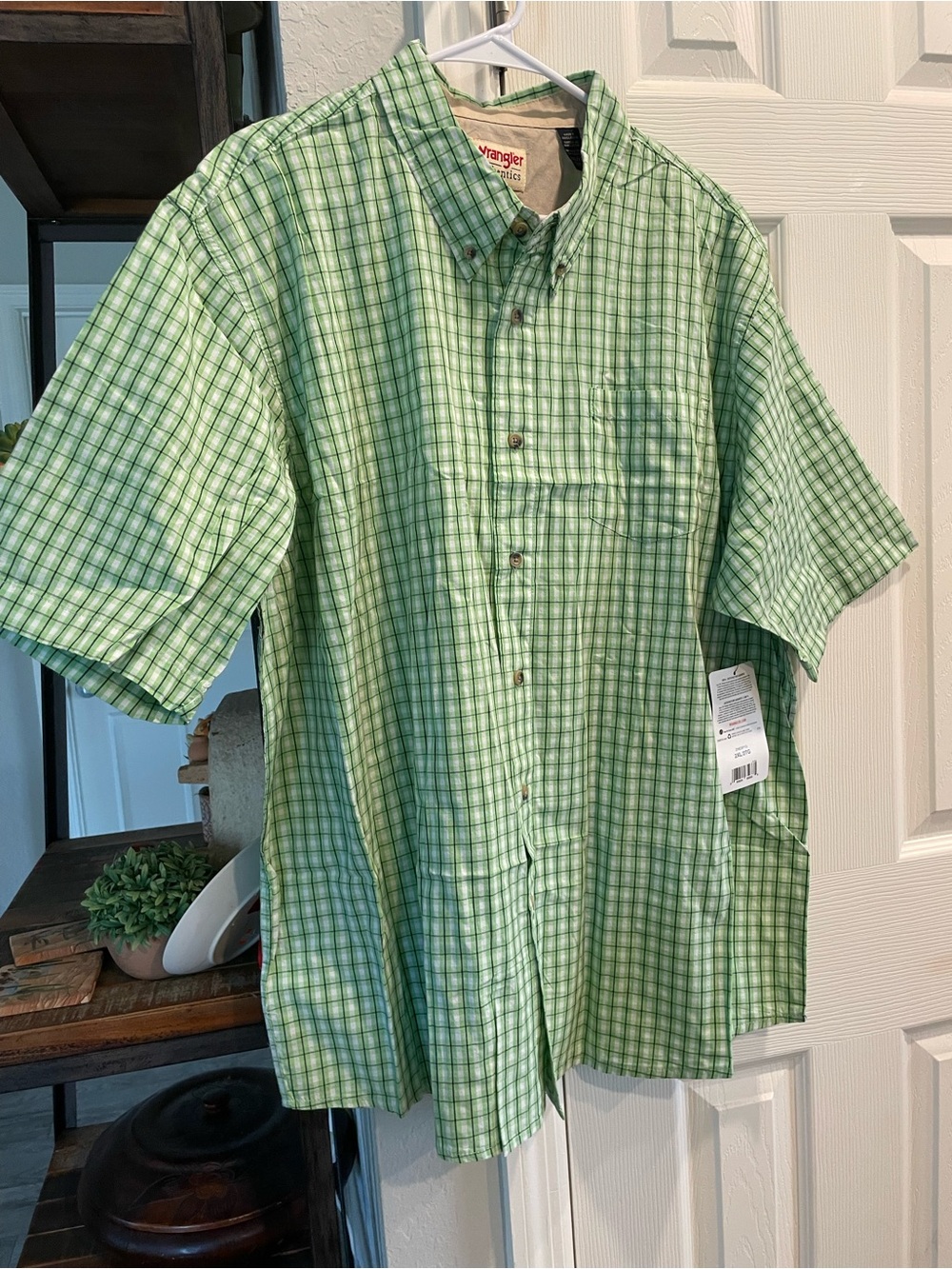 Wrangler Authentics Button Down green plaid Checked Western Cotton Pocket Shirt